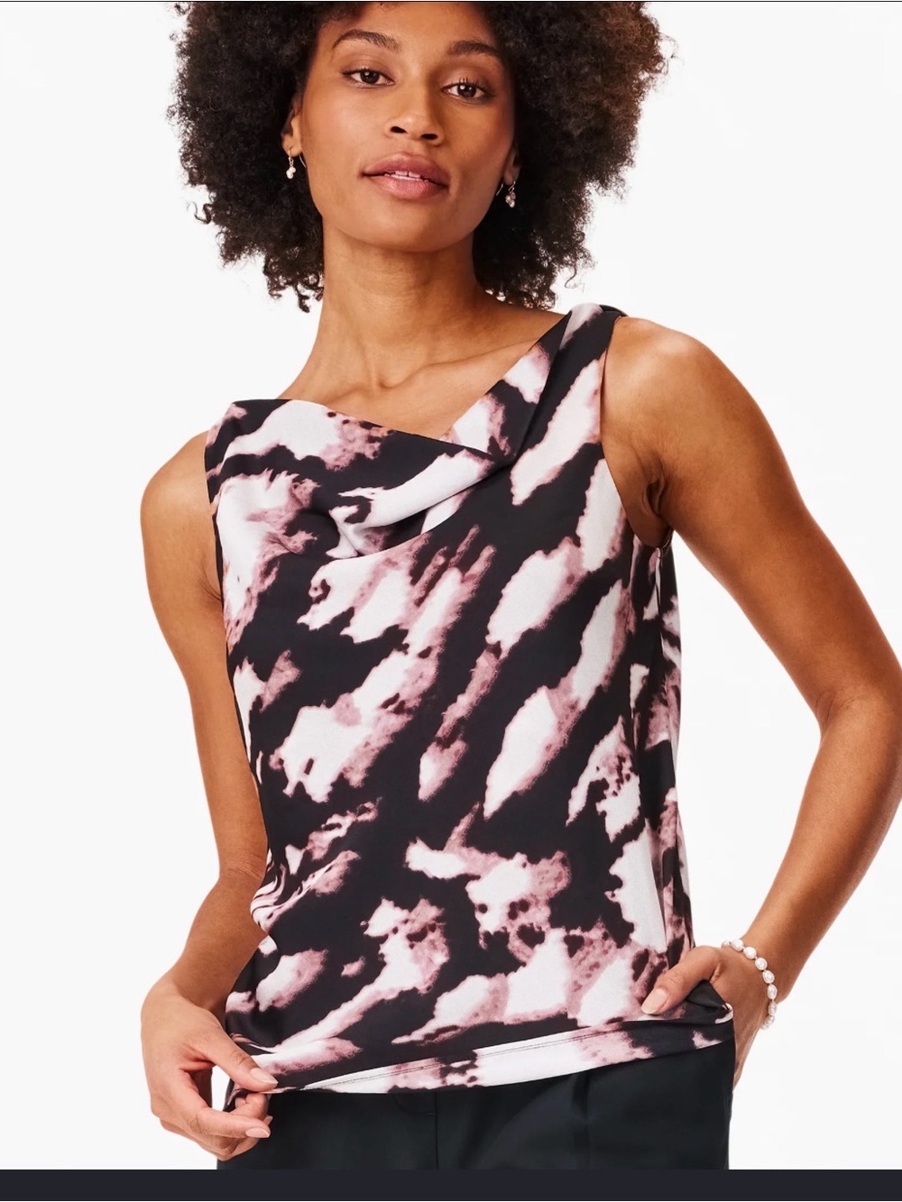 NIC+ZOE Spring Shadow Cowl Neck Tank Top Black Pink Multi Abstract Print NWT Sm